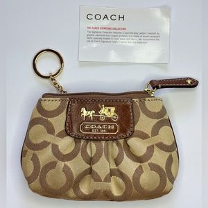 COACH Print Coin Purse with Keyring Brown leather Beige Satin Fabric - Mint